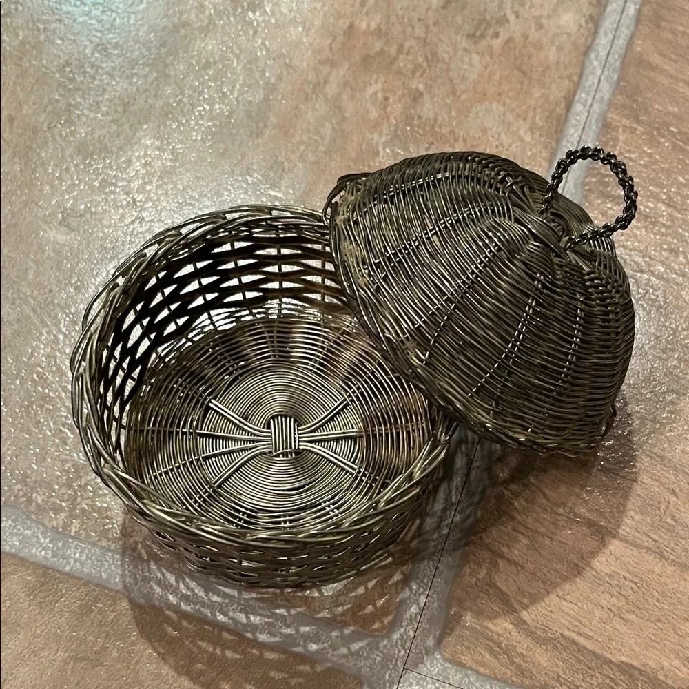 Elaborate Elegant Woven Basket with Lid - Grey Metal Vintage